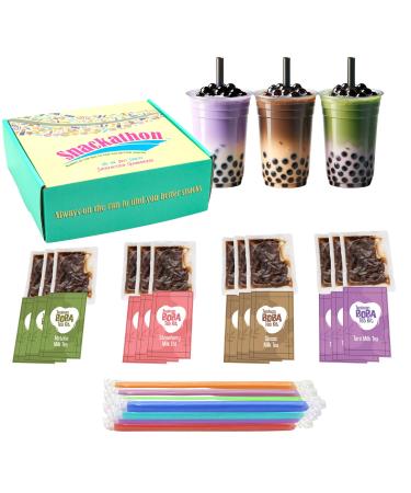 Snackathon Instant Boba Bubble Pearl Variety Milk Fruity Tea Kit with Authentic Brown Sugar Caramel Tapioca Boba Ready in Under One Minute Straws Included - Gift Box (12 Servings 4 Flavors) 4 Flavors 12 Servings