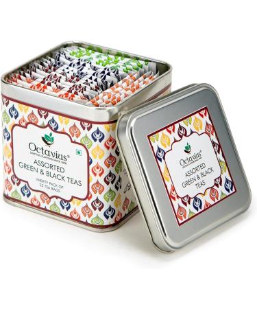 Octavius | Assorted Tea Bag Sampler Gift Set - 6 Tea Flavors | 150 Counts - Black & Green Tea | Tea Sampler Pack | Tea Set Gift | Pack of 6 Black & Green Tea - 25TB (Pack of 6)