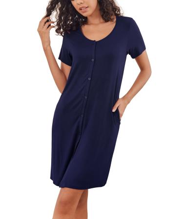 Ekouaer Women Nighties Short Sleeve Above Knee Soft Nightdress Button Down Nighties Ladies loose Sleepwear Summer Loungwear with Pockets L Deep Blue