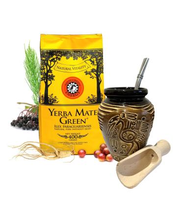 YERBA MATE Green STARTER SET Natural Strong Energy Drink Mate Tea Complete Set Begginer's Kit ENERGY Booster Green Mate ENERGY 500g Kit Ceramic Cup Gourd 300ml Bombilla| Wooden Scoop