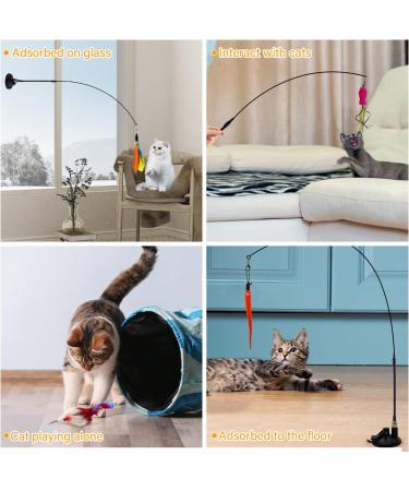 Autoau Interactive Cat Toy with Suction Cup Bird Feather Teaser Wand - Ideal for Indoor Cats and Kittens - 5 Bells, Feather Filler, Training Tool - Buy Online on SooperMarket.com