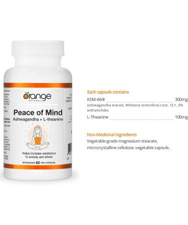 Orange Naturals - Peace of Mind - Ashwagandha and L-theanine 60 Caps - Ashwagandha KSM 66 L-Theanine - Stress and Anxiety Supplement - KSM 66 Ashwagandha Capsules 300mg and L Theanine 100mg - Buy Online on SooperMarket.com