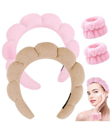 Spa Headband for Washing Face Makeup Headband Bubble Skincare Headbands with Face Wash Wristbands Terry Cloth Headband Soft Puffy Headband for Women Gifts Pink+Light brown