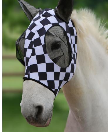 Harrison Howard Stretable breathable UV protection fly mask with mesh eye opening for full visibility and ventilating ear covers Checker Board Extra Full (Extra-Large) Checker Board