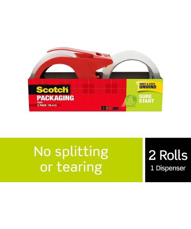 Scotch Sure Start Packaging Tape  1.88" x 38.2 yd  Designed for Packing  Shipping and Mailing  Smooth and Quiet Unwind  3" Core  Clear  2 Rolls w/1 Dispenser (3450S-2-1RD) - Buy Online on SooperMarket.com