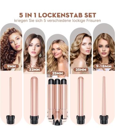Bestope 5-in-1 Wave Iron Set - Ceramic Curling Rods with Adjustable Temperature Fast Warming Gloves & Clips - Perfect for Large Curls - Elegant Rose Gold - Buy Online on SooperMarket.com