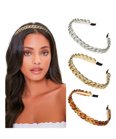 AWAYTR Chain Hairband for Women - Set of 3 Chained Reactions Headbands in Metal Resin (Gold, Silver, Amber) - Buy Online on SooperMarket.com