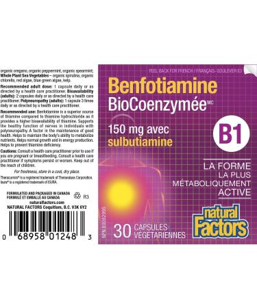 Natural Factors BioCoenzymated Benfotiamine B1 150 mg plus Thiamine Diphosphate 30 capsules - Buy Online on SooperMarket.com