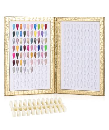 BNG Nail Colour Display Book 180 Colors Nails Art Card Chart with 240 Pcs False Nails Tips Leather Book For Salon Gel Polish Sample Showing Tools Gold 180 Colors Gold