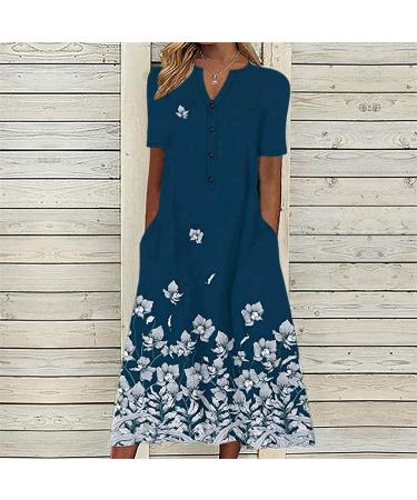 Foldap Women's Boho Floral Summer Dress - O-Neck Casual Print Long Dress with Short Sleeves and Pockets - X-Large (A1-blue) - 2023 Collection - Buy Online on SooperMarket.com