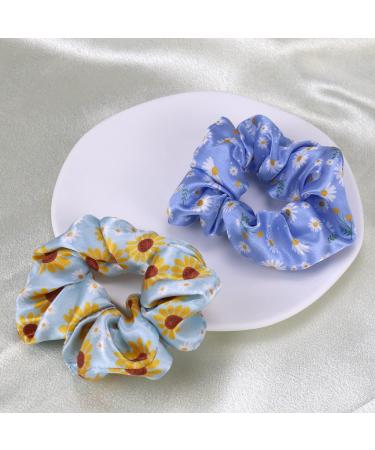 Daisy Flower Blue Hair Scrunchies 2PCS - Women's Silk Hair Accessories & Ponytail Holder Bracelet - Buy Online on SooperMarket.com