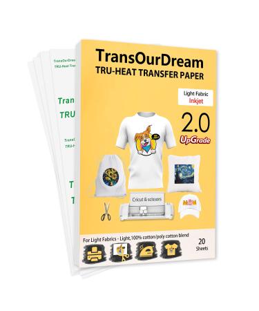 TransOurDream Upgraded Iron on Heat Transfer Paper for T Shirts (20 Sheets  8.5x11) Iron-on Transfers Paper for Light Fabric Printable Heat Transfer Vinyl for Inkjet Printer (TOD-4) Light 20 Sheets