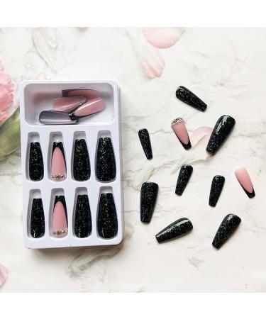 Green Rhinestone French Tip Press on Coffin Nails - Medium Full Cover Glitter Acrylic False Nails for Women - Buy Online on SooperMarket.com