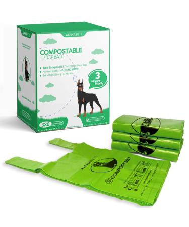 Alpha Pets Compostable Dog Poo Bags With Easy-Tie Handles - 320 Medium-Large Biodegradable Cornstarch Pet Waste Bags - 3 Month Supply With Dispenser Box