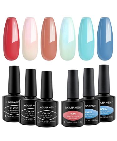 LagunaMoon Gel Nail Polish Set - 6 Colours Red Pink Light & Dark Blue High-Shine Kit Nail Gel Polishes for Salon Quality DIY Manicure - UV LED Soak Off Lacquer Kit Varnish Manicure & Pedicure Colour of 2023 | Salon-Grade Polish