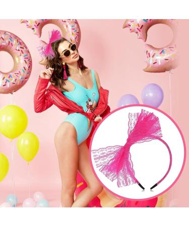 Neon Lace Bow Hairband 1980s Pink Headband Hairband Hair Accessories Lace Headbands Pink Accessories For Women Girls Mardi Gras Christmas Cosplay - Buy Online on SooperMarket.com