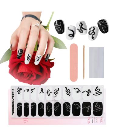 EBANKU Semi Cured Gel Nail Strips Black and White Gel Nail Strips Long Lasting Waterproof Real Nail Polish Strips Wraps Stickers with Cuticle Stick Nail File Nail Wipes & Sealing