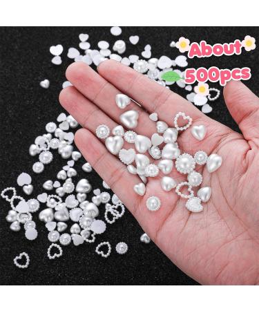 500PCS Mixed Shape Heart Pearls Nail Charms - White Acrylic Beads for Cute 3D Nail Art - DIY Craft Accessories - Buy Online on SooperMarket.com