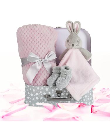 Baby Girl Gift Set - Pink Bunny Security Blanket & Booties in Keepsake Suitcase - Perfect Newborn Gift Basket for Baby Shower - Soft Fleece Blanket - Unique Baby Present - Buy Online on SooperMarket.com
