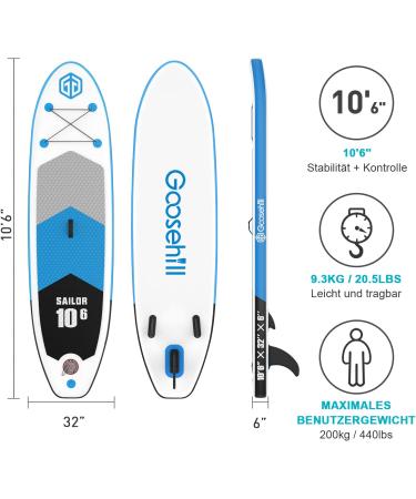 Goosehill 10'6 Inflatable Stand Up Paddle Board - Premium Sailor Blue SUP Package - Buy Online on SooperMarket.com