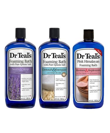 Dr Teal's Foaming Bath Combo (3 Pack 102 fl oz) - Soothe & Sleep Lavender Ginger & Clay and Pink Himalayan Foaming Baths - Three Pack Variety of Epsom Salt Bubble Bath