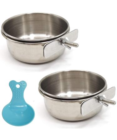 RONYOUNG 2PCS Bird Feeding Dish Cups with Spoon, Parrot Food Bowl Clamp Holder -- Stainless Steel Coop Cup, Bird Cage Water Bowl for Parakeet African Greys Conure Cockatiels Lovebird Budgie Chinchilla