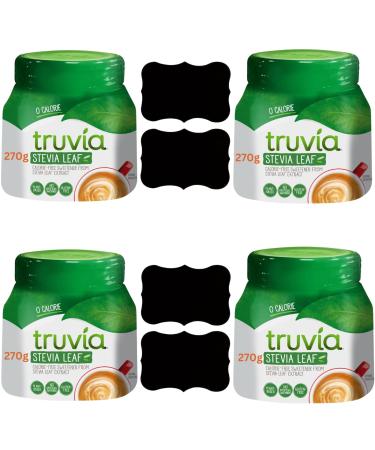 Stevia Sweetener Bundle with Truvia Sugar Free Granulated Sugar 4 x 270g Erythritol Powder From Stevia Leaf Extract Total of 720 Servings and 4 x Wishesla Black Reusable Waterproof Label Stickers