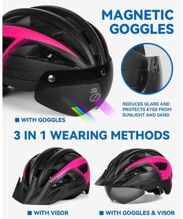FUNWICT Adult Bike Helmet with Visor, Goggles & Rechargeable Rear Light Black Pink, L 57-61 cm - Buy Online on SooperMarket.com