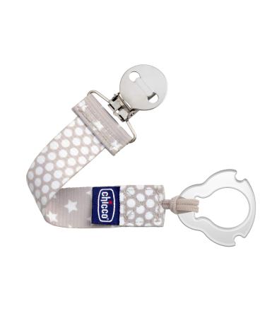 Chicco Universal Two in One Baby Pacifier/Soother Clip/Holder with Universal Loop for Teethers and Small Toys  Plus Soft Attachment Ring Included for Knob Style Pacifiers  Grey/White