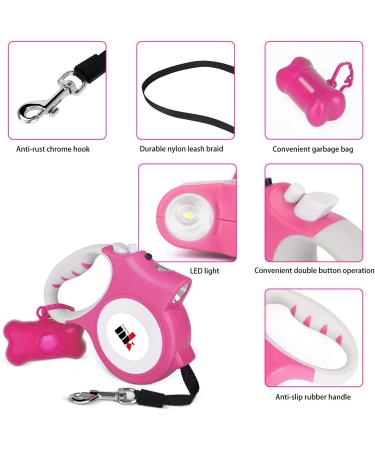 Makife Retractable Dog Leash 5m for Large & Medium Dogs | Flashlight & Decorative Bags Included | Ideal for Under 25kg - Pink - Buy Online on SooperMarket.com