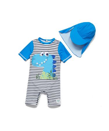 BONVERANO Baby Boys Swimsuit Toddler Bathing Suit Short-Sleeve Zipper One Piece Swimwear with UPF 50+ Sun Protection 2-3 Years Dinosaur Stripe