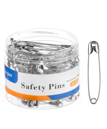 A+DAY Large Safety Pins 2.2 Inch (56mm) Size 4 80-Count Nickel Finish