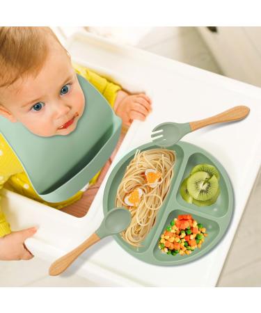 4 Piece Baby Weaning Set: Silicone Suction Divided Plate, Adjustable Bib, Spoon, Fork - Baby Led Feeding Supplies for Baby and Toddlers - Buy Online on SooperMarket.com