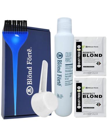 Perfect Blond Hair Dye Toner Lightener Bleaching Powder Kit 120 ml 30 Vol Developer & Brush Glove - By Blond Forte(Blue Lightener) Blue powder