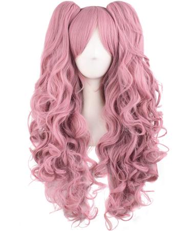 MapofBeauty Lolita Long Curly Clip on Ponytails Cosplay Wig (Rouge Pink)