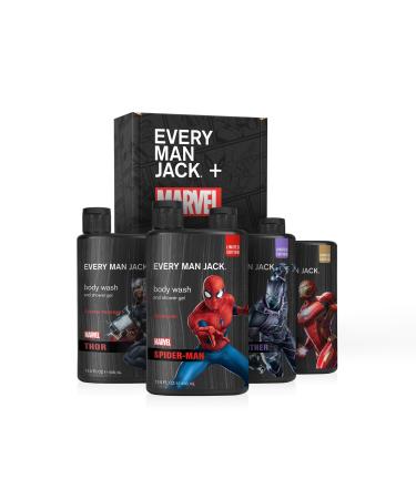 Every Man Jack Marvel Collectors Box Body Wash Gift Set - Includes Four Body Washes with Clean Ingredients - Marvel-Inspired Fresh Air Coastal Thunder Crimson Oak and Wakanda Herbs Fragrances