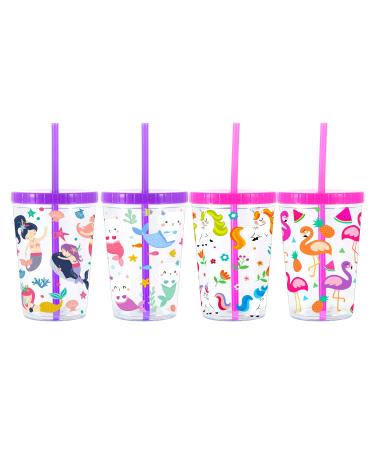 Home Tune 16oz Kids Tumbler Water Drinking Cup 4 Pack - BPA Free Straw Lid Cup Reusable Lightweight Spill-Proof Water Bottle with Cute Design for Girls & Boys Flamingo & Kitty Mermaid & Unicorn & Mermaid