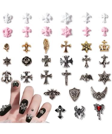 Lofuanna 180 Pcs Cross Nail Charms Punk Vintage Nail Accessories 3D Cross Nail Art Charms Chrome goth nail charms-36 Styles Rhinestones Nail Art Gem Mixs Chrome Hearts Metal Nail Art Decorations A6