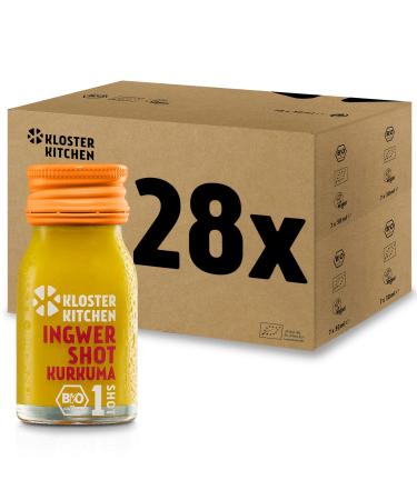 Monastery Kitchen Bio Ingwer Shot Kurkuma 1SHOT 28x 30 ml with real ginger pieces I Ingwershot with turmeric vegan in the to go bottle I sweet and sharp without additives & with natural sweet 30 ml (28 Pack)