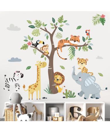 decalmile Jungle Animals Tree Wall Decals Elephant Giraffe Lion Safari Wall Stickers Baby Nursery Kids Bedroom Living Room Wall Decor