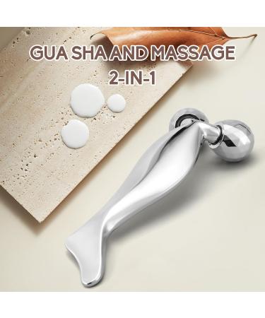 3D Metal Face Roller & Gua Sha - Anti-Aging Face Massager for Puffiness Relief | V-Shaped Skin Care Tool in Silver - Buy Online on SooperMarket.com