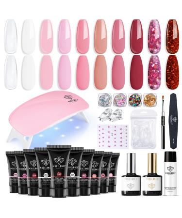 Modelones Poly Extension Gel Nail Kit with 6W Nail Lamp 10 Colors Pink Red Glitter Poly Builder Nail Gel Complete Nail Art Accessories Tools All-in-one Kit Nail Art Design Gifts for Women