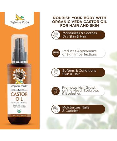 Organic Veda Pure Castor Oil - 100% Organic Cold Pressed Virgin Oil for Hair Skin Eyebrows & Nails - No Additives - 100 mL - Buy Online on SooperMarket.com