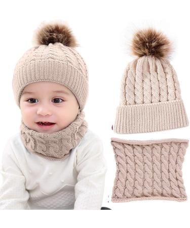 CheChury Toddler Hat and Scarf Set Baby Warm Knit Pom Beanie Cap with Circle Loop Scarf Neckwarmer 1-3 Years #1 Beige