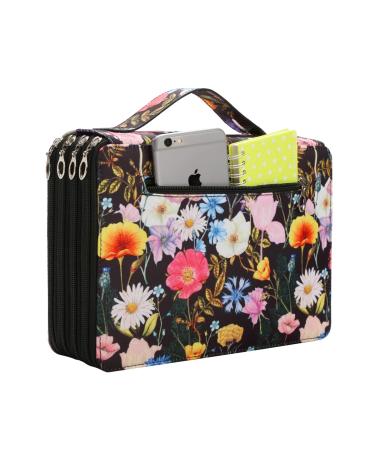 YZK 200 Slots Colored Pencil Case-Twill Oxford Pencil Holder with Zipper Closure Colored Pencil Orangizer for Watercolor Pens or Makers Large Capacity Pencil Case for Artist or Student (Black Flower) A Black Flower 200 Slots