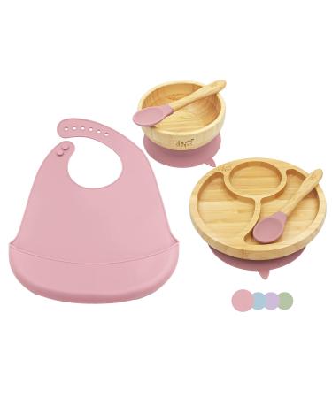 ShipShape Bamboo Baby Weaning Set | Suction Plates & Bowls | 2 Spoons & Silicone Bib | Baby Feeding Set with Free eBook | Bamboo Plates | Baby Plates with Suction | Toddler Plates and Bowls Sets Turkish Rose