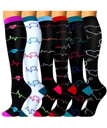 HLTPRO Compression Socks for Women & Men - 6 Pairs 20-30 mmHg Compression Stockings for Medical, Nurse, Running Black/Black/Black/Blue/White/Black Large-X-Large