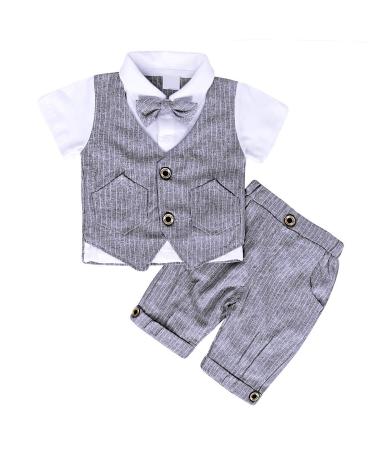 AmzBarley Baby Boys Gentlemans Outfit Suit Kids Long/Short Sleeve Dress Shirt Pants Vest Bowtie Tuxedo Rompers Childs Birthday Evening Holiday Party Grey 3-4 Years
