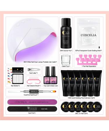 Poly Nail Gel Kit with 36W UV LED Lamp - 6 Nude Colors & 6 Glitter UV Gels, Base and Top Coat, Nail Art Gift Set for Women - Buy Online on SooperMarket.com