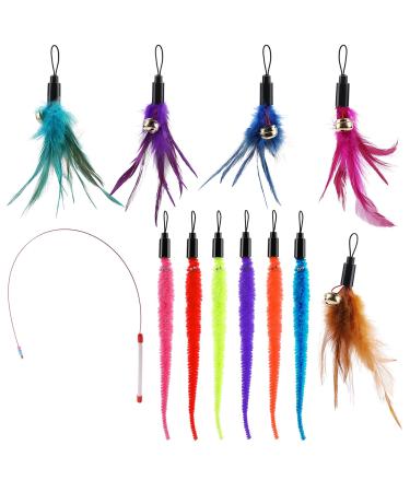 Molain 12Pcs/Set Cat Feather Toys Replacement Cat Wand 6 Worm Refills+5 Natural Feather Teaser Refills+1 Cat Teaser Wand Interactive Teaser Toy for Indoor Cats Kittens 12pcs Cat Feather Toys